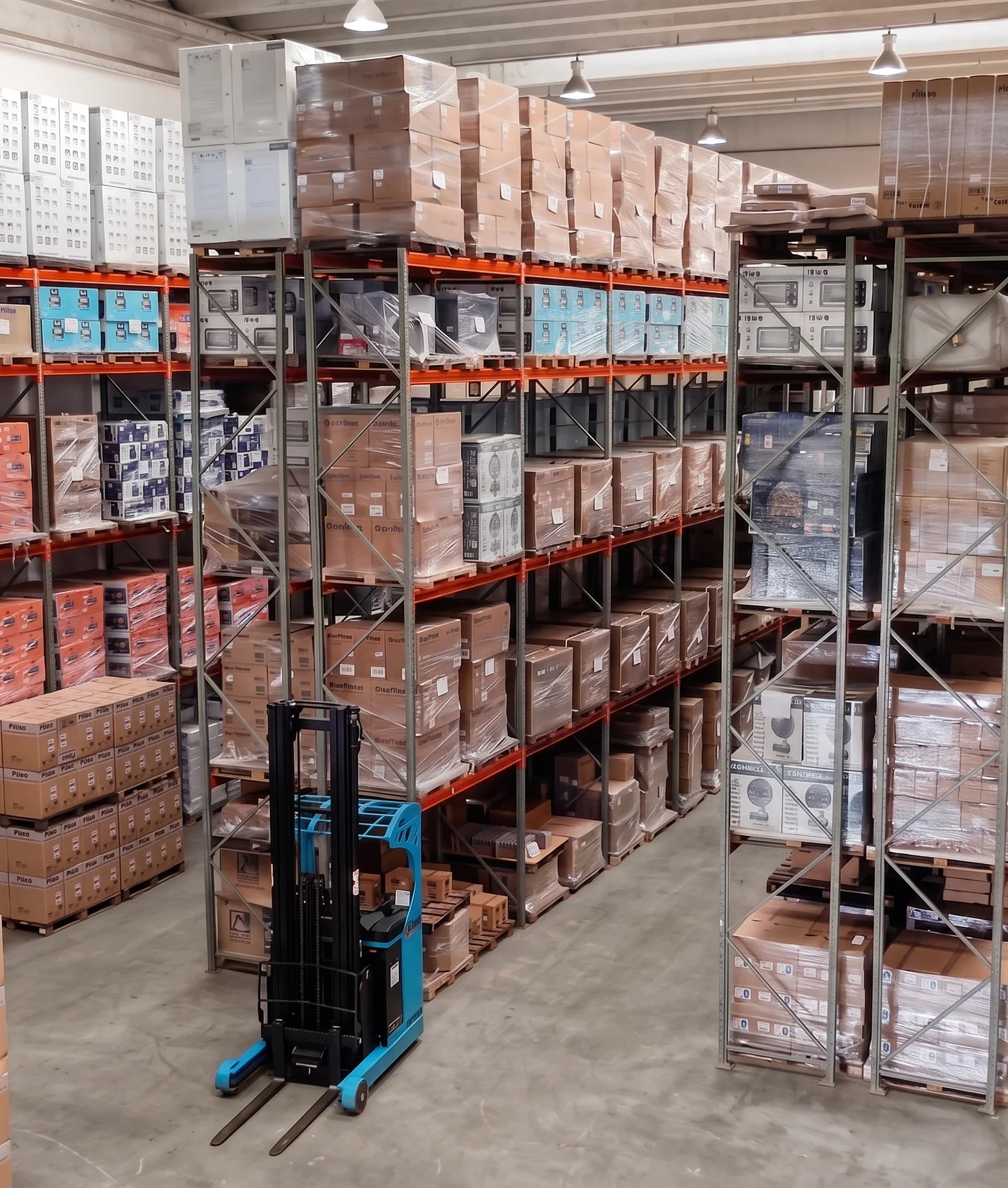 Armazém logístico com cargas organizadas e empilhadeira em operação